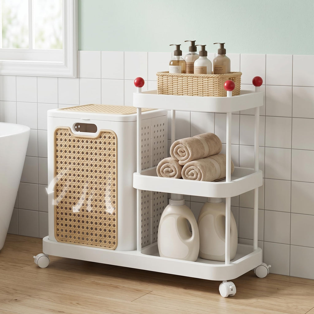 Rattan-Style Rolling Laundry Hamper Cart, 3-Tier Storage Shelf with Wheels, Foldable Plastic Laundry Basket with Lid