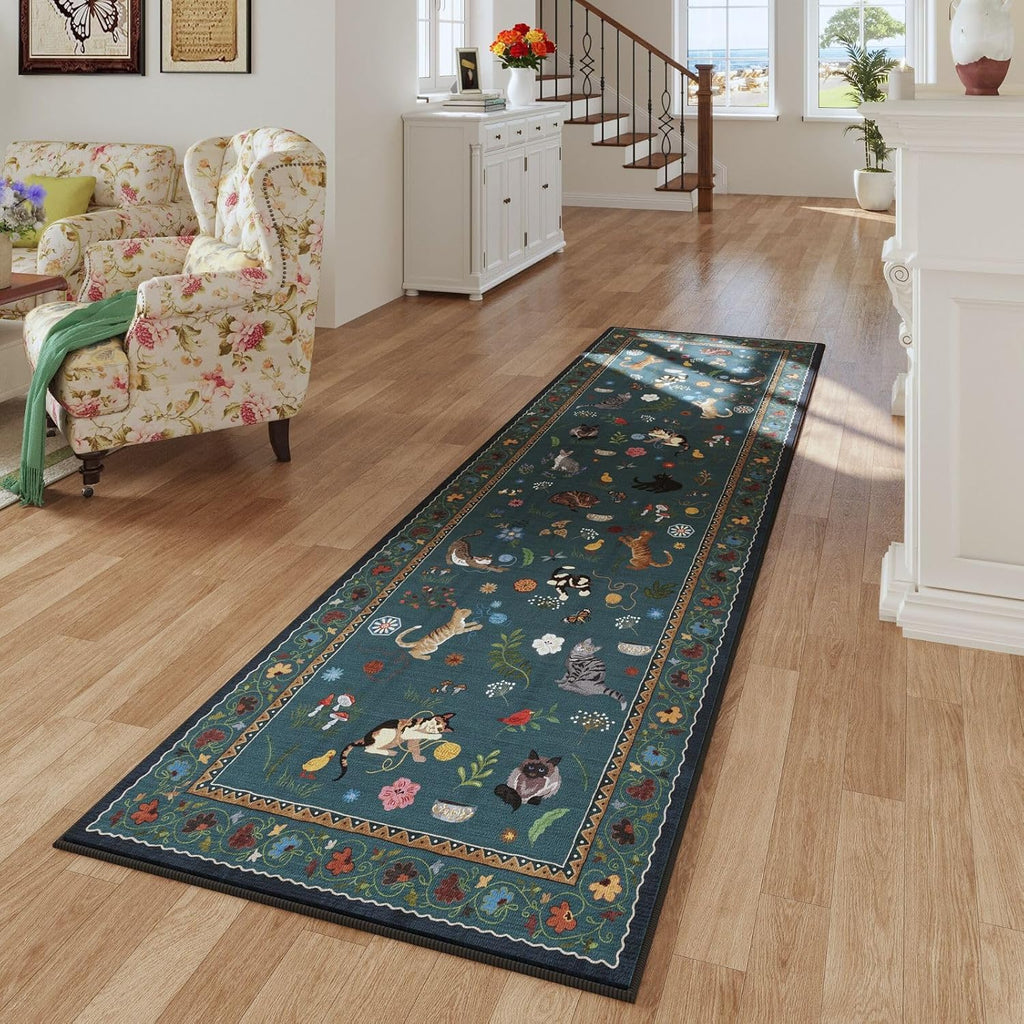 Runner Rug for Kitchen Non Slip 2'6''x8' Washable Rugs with Rubber Backing Soft Floral Animal Cat Ca