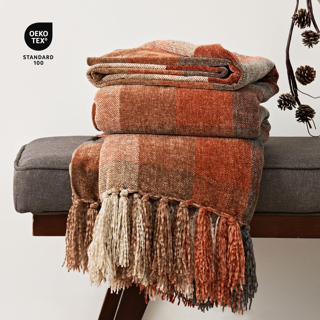 Plaid Chenille Fall Throw Blanket, 50"x60", Harvest Orange Plaid