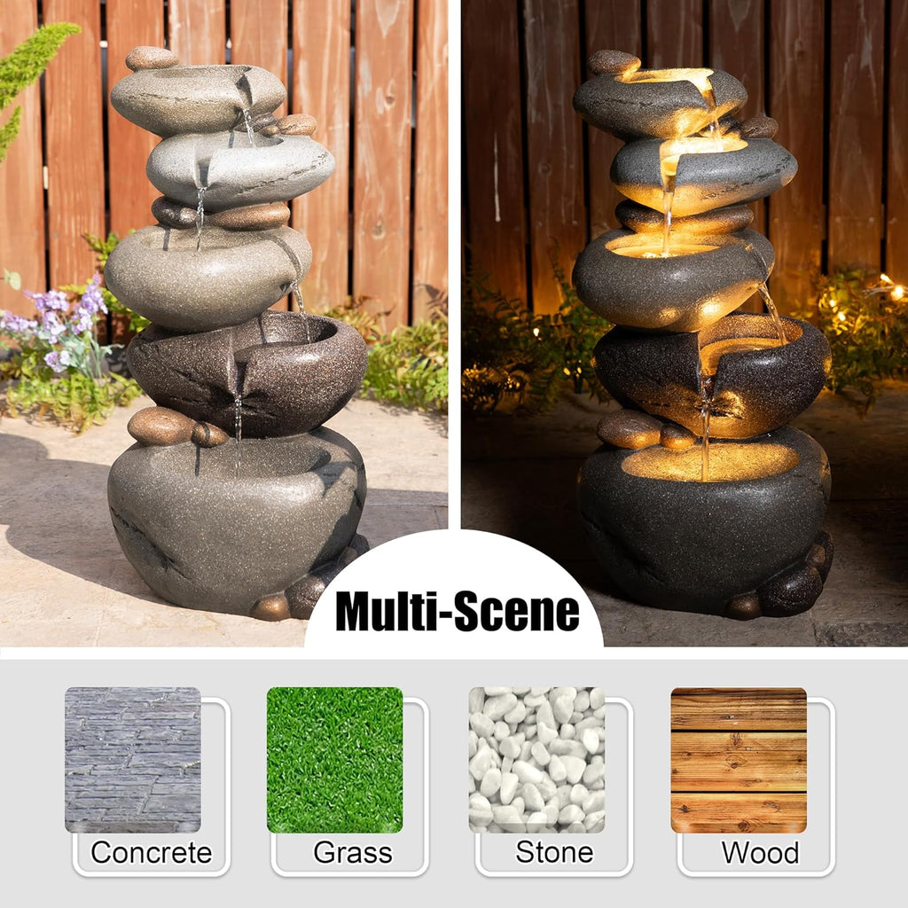 Water Fountain Outdoor, 5-Tiered Stacked Pebbles Outdoor Fountain with LED Lights and Pump, 24.5" H Zen Style