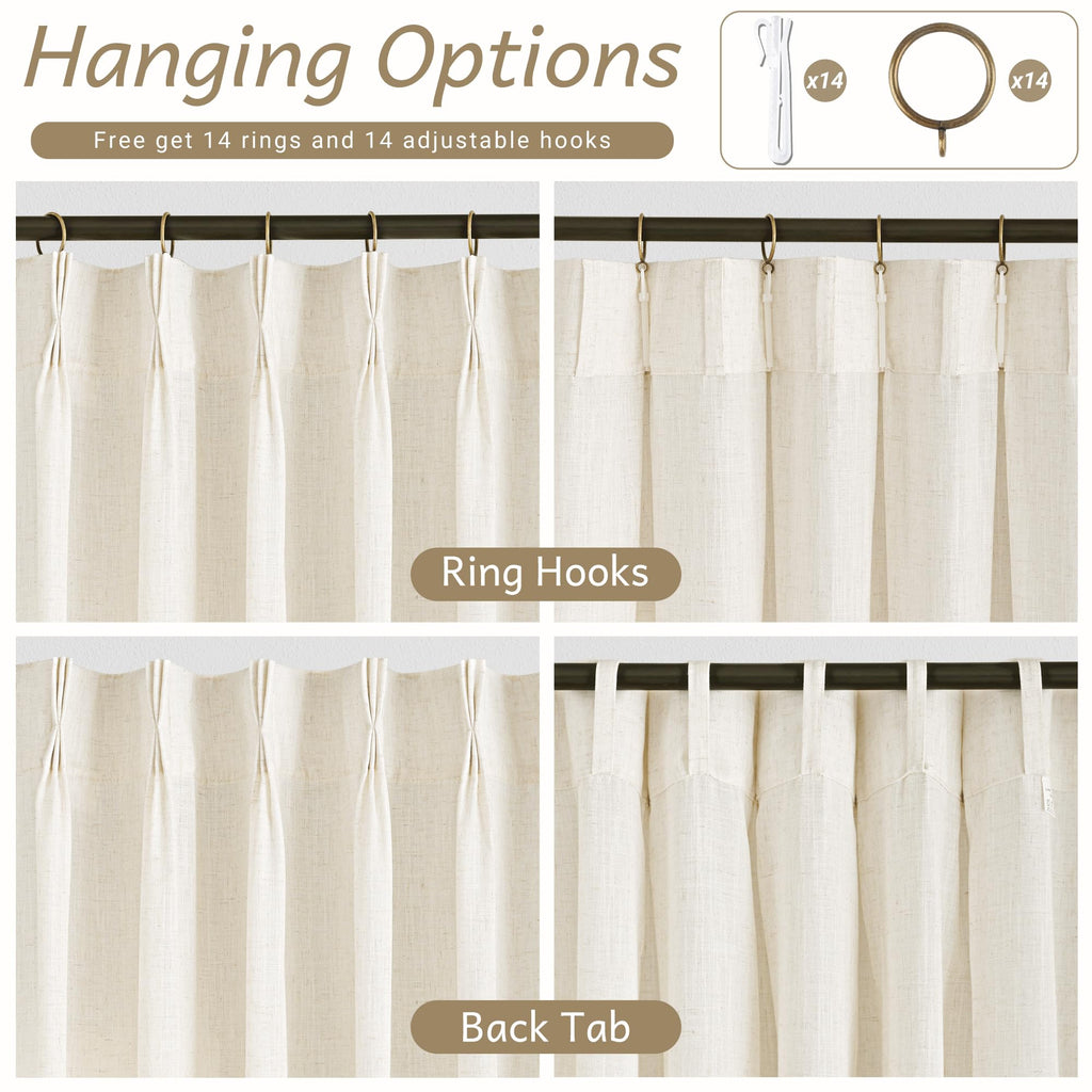 Birch Pinch Pleated 92 inch Long Linen Curtains 2 Panels Set Track System Curtains Neutral Modern Elegant Light
