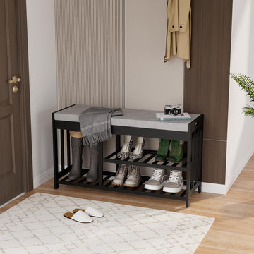 Bamboo Shoe Storage Bench with Cushioned Seat 3-Tier Entryway Shoe Rack