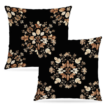 Fall Autumn Leaves Block Print Pillow Covers 18x18 Set of 2, Black and Brown Botanical Mandala Aesthetic Decorative