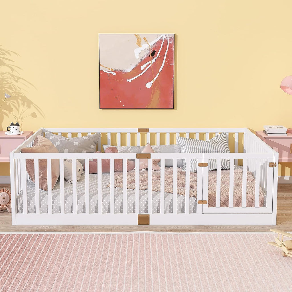 Toddler Floor Bed with Door&High Rails, White
