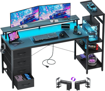 59 Inch Gaming Desk with Drawers & PC Tower Stand & LED Lights, Black | Reversible, Monitor Shelf, Power Outlets