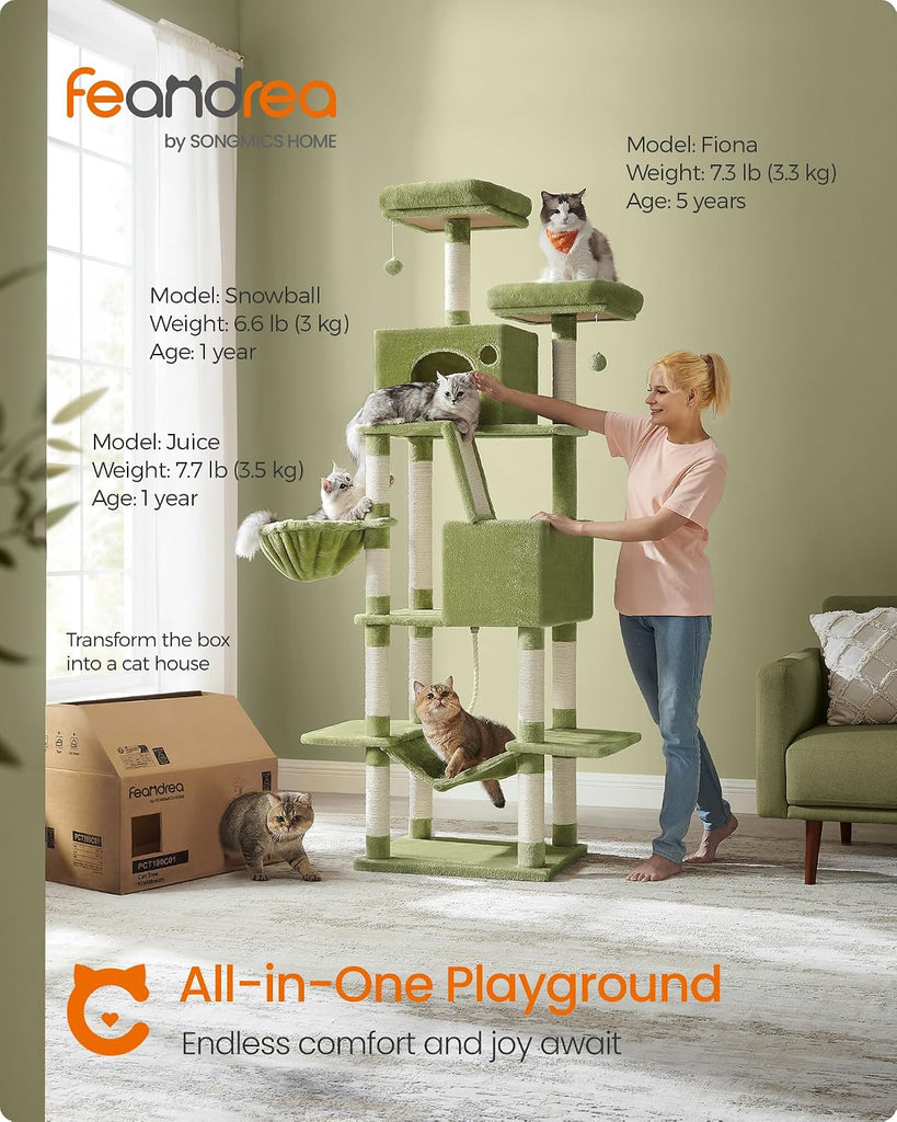 Cat Tree, 81.1-Inch Large Cat Tower, Multi-Level Condo, Green