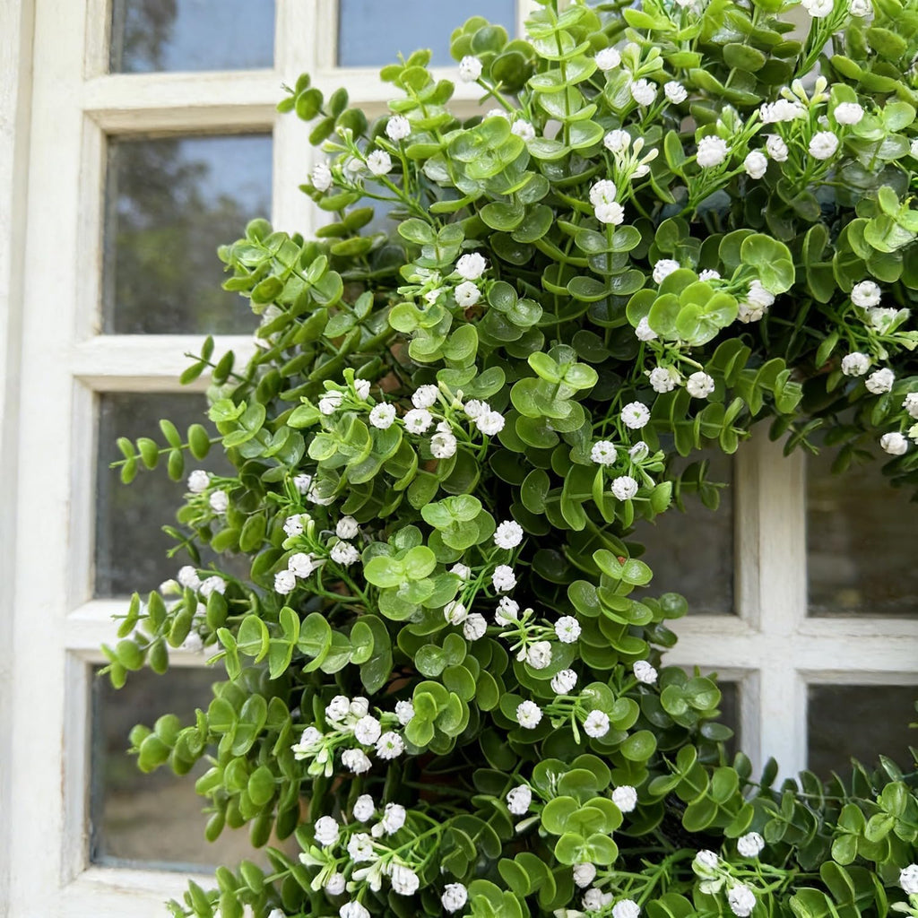 Artificial Boxwood Wreath for Front Door, Farmhouse Year Round Greenery Wreath, Indoor Outdoor with Hanging Tag