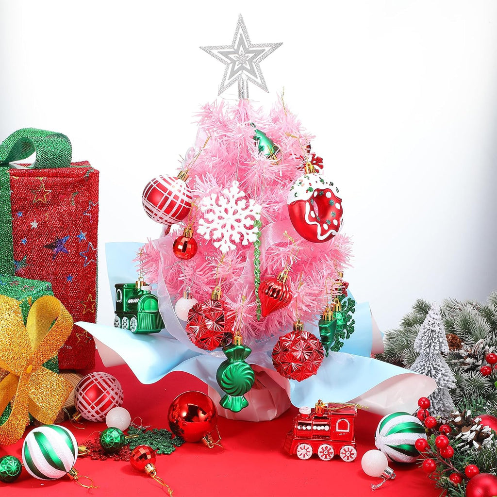 82pcs Christmas Balls Ornaments Set with Hanging Strings, Delightful Xmas Decor Including Train, Candy & Snowflake