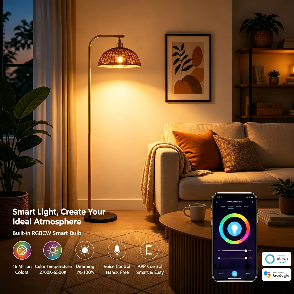 Rattan Floor Lamp 65 Inch with Smart Dimmable Bulb Boho Standing Lamp