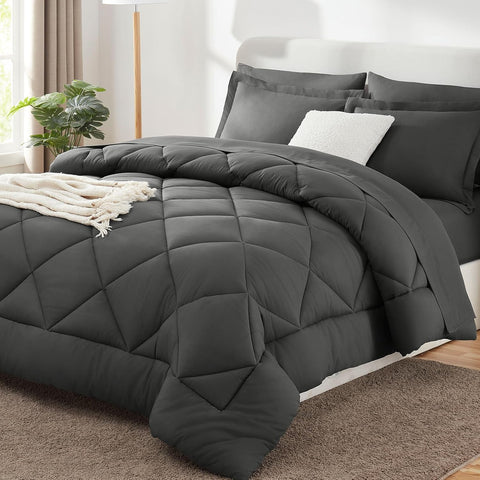Queen Comforter Set Dark Grey - Bed in a Bag Queen 7 Pieces, Luxury Soft Bed Set for All Seasons