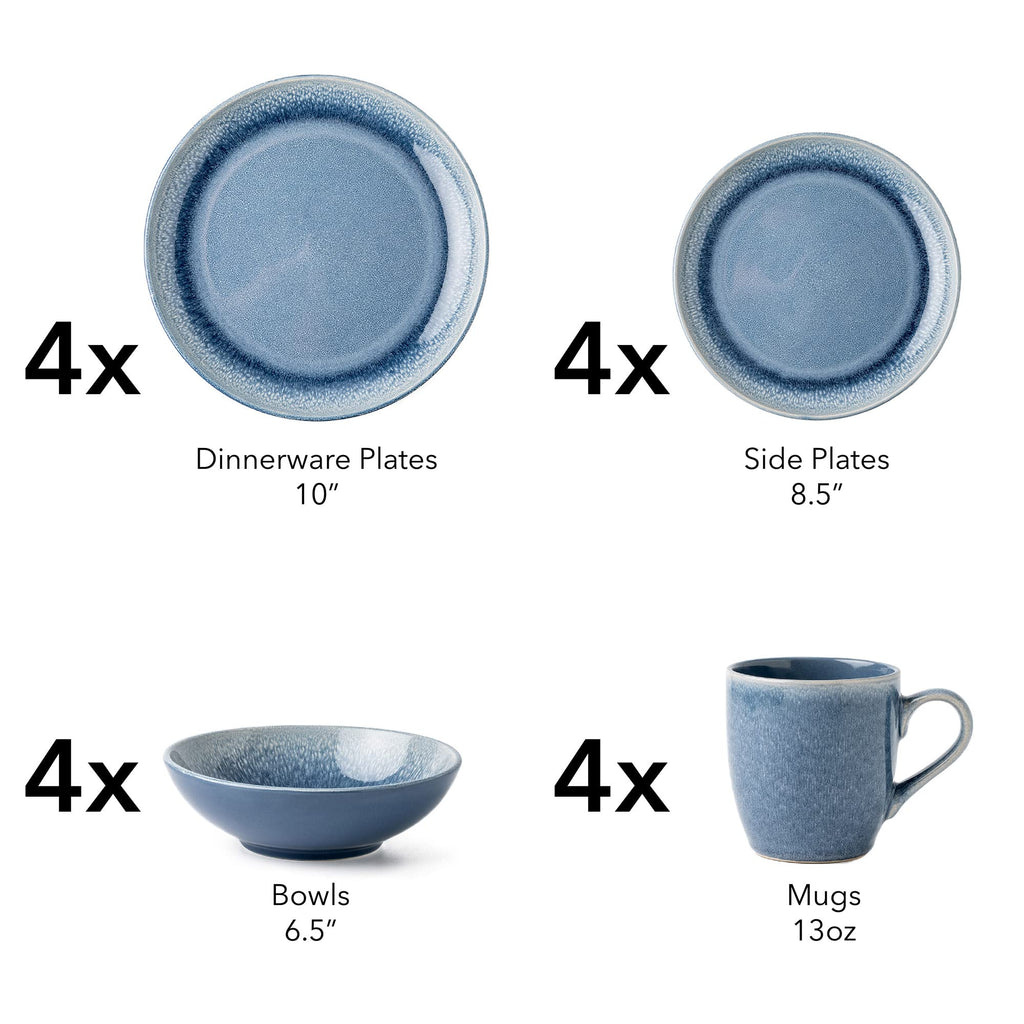 Round Stoneware 16pc Dinnerware Set for 4, Dinner Plates, Side Plates, Cereal Bowls, Mugs - Reactive Glaze Blue