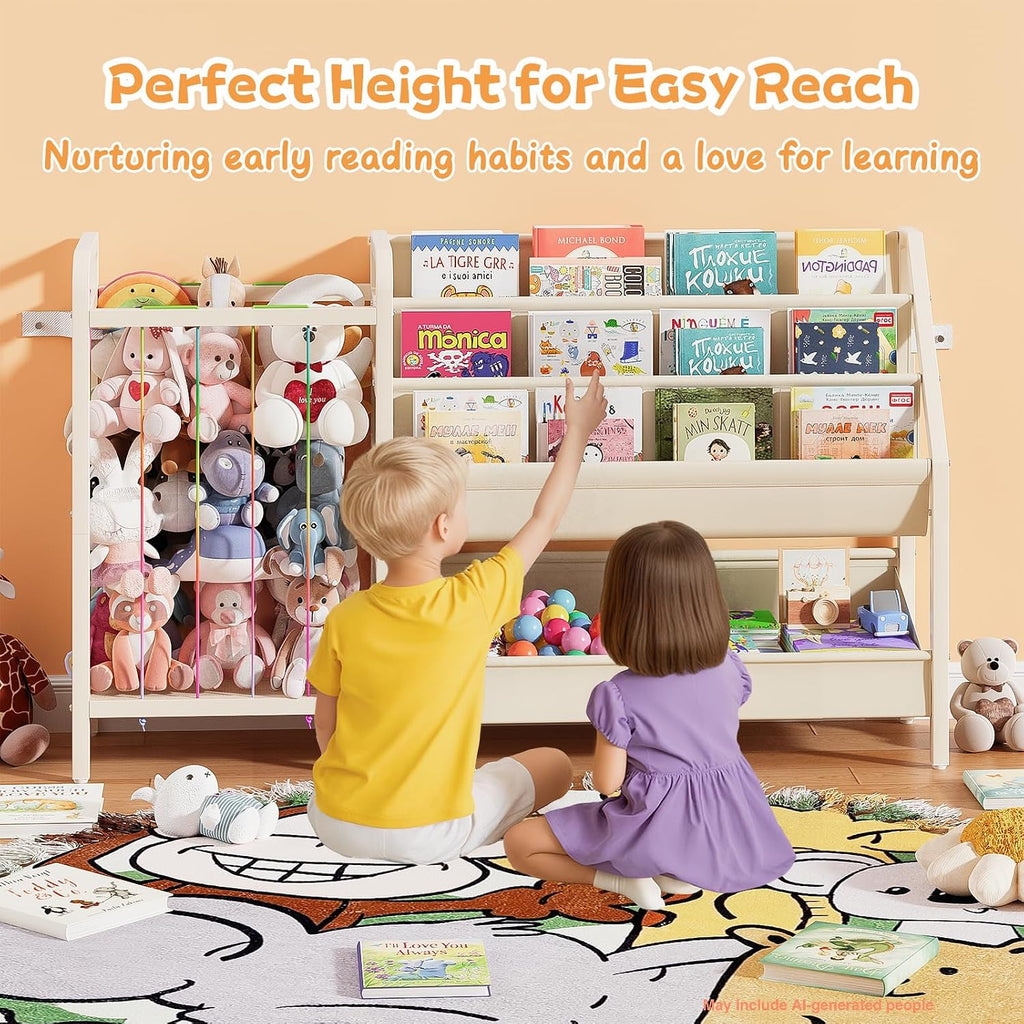 B5 Kids Bookshelf and Toy Storage, Book Shelf for Kids Rooms White | Sling Toddler Book Shelves with Stuffed Animal