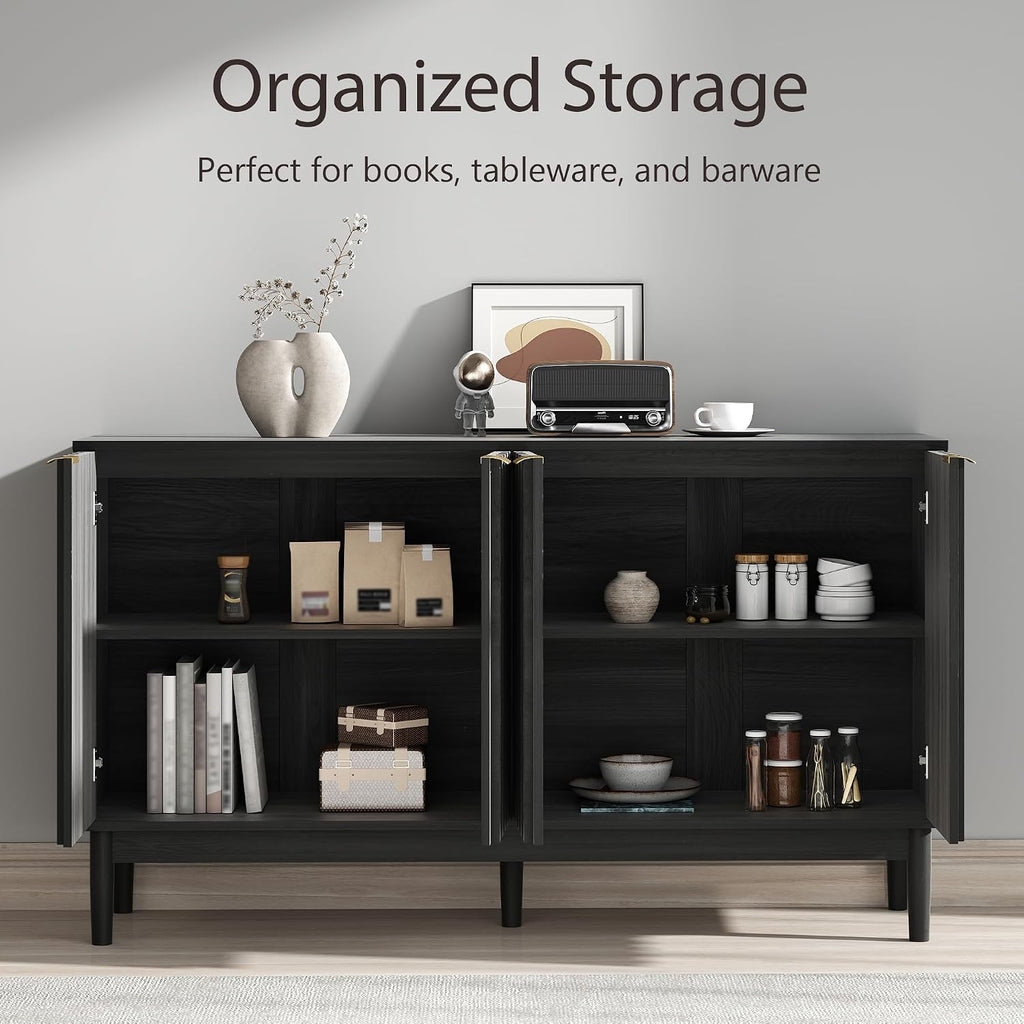 55" Fluted Buffet Cabinet with Storage, Accent Cabinet, Black | Wooden Sideboard with Adjustable Shelves, Accent
