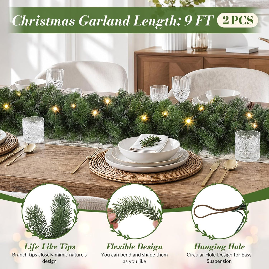 2PCS 9FT Pre-Lit Christmas Garland, Lighted Norfolk Pine Garland