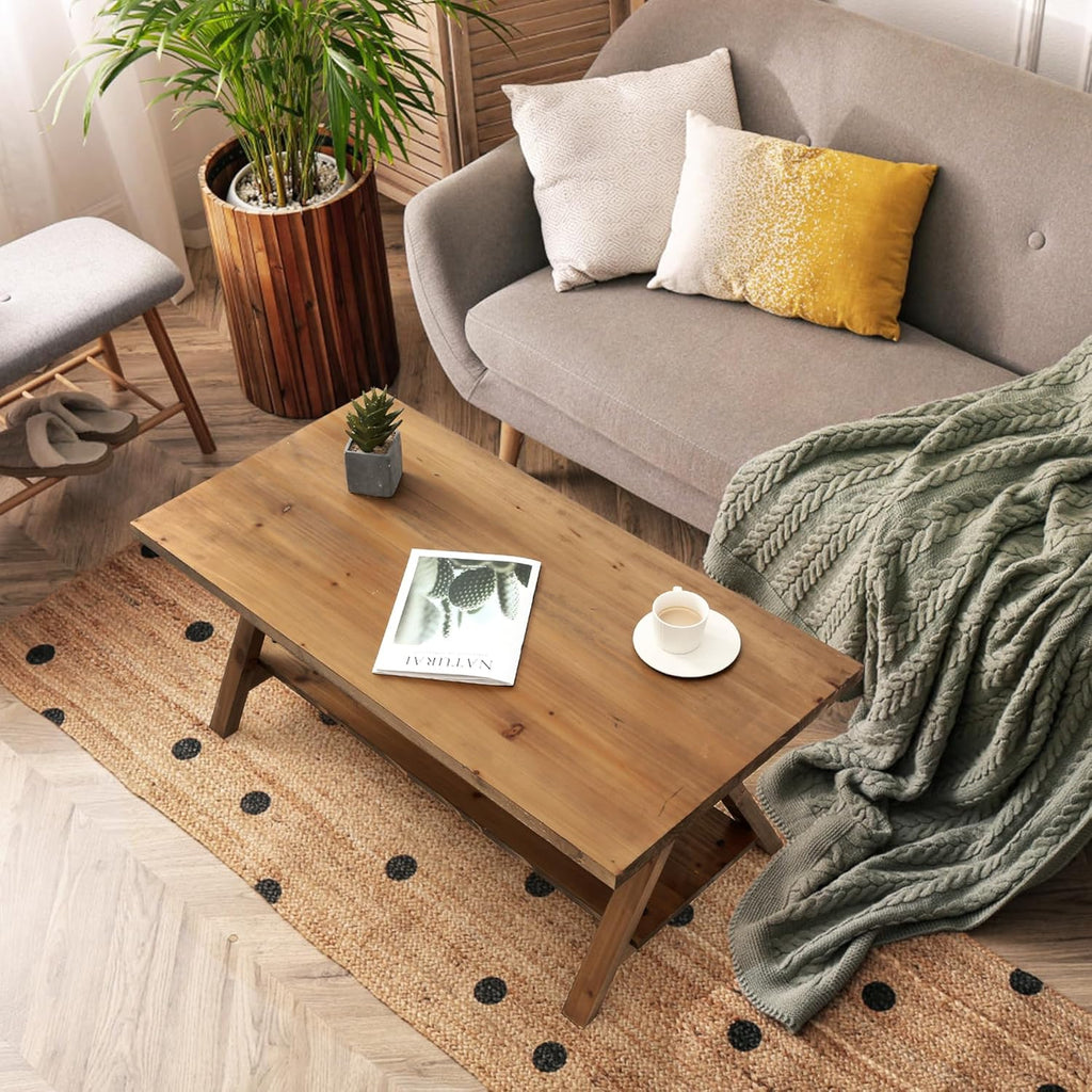 Solid Wood Coffee Table - 42.5” Firwood Farmhouse Rustic Wooden Coffee Tables, Solid Firwood Rectangle Coffee Table