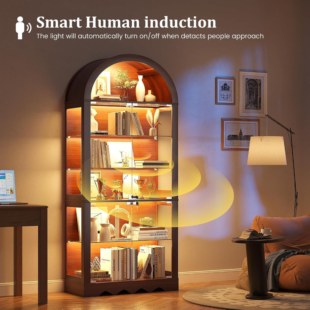 6-Tier Arched Glass Display Cabinet with RGB Lights & Lock | Curio Display Case, Glass Doors, Adjustable Large