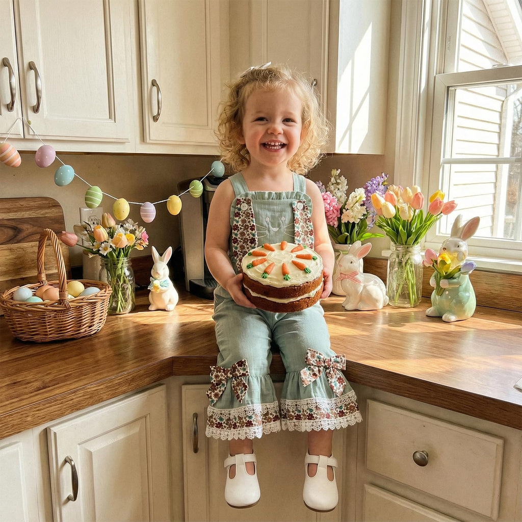 Toddler Baby Girl Easter Outfit Bunny Overalls Ruffle Bell-Bottom Plaid One Piece Romper Jumpsuit Cute Clothes
