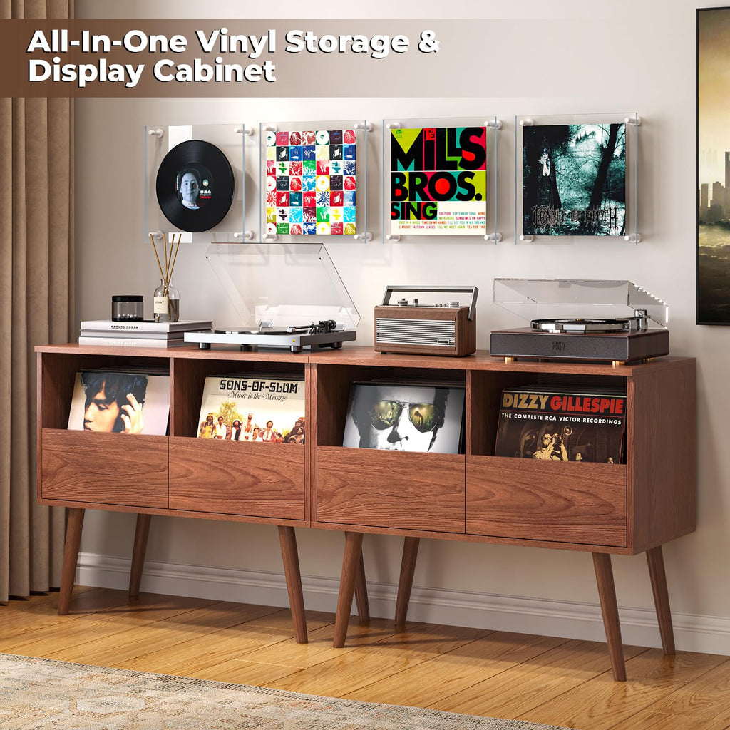 Mid Century Modern Record Player Stand with Vinyl Storage, Brown