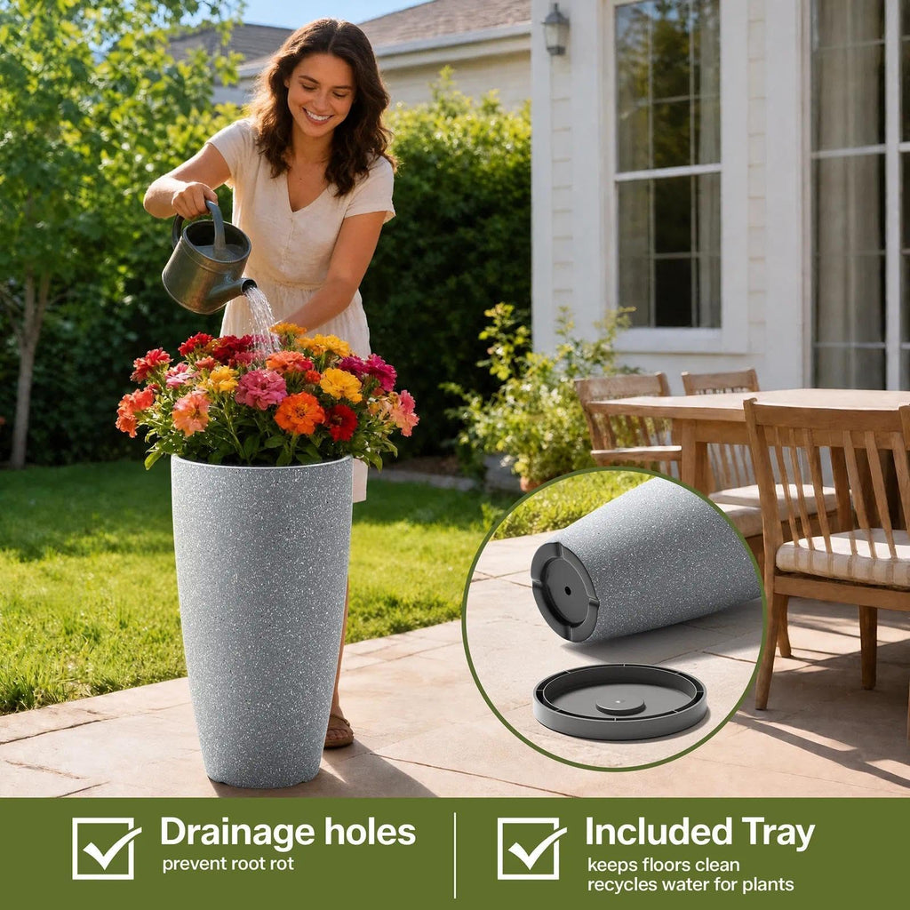 2 Packs 21 inch Tall Planter, Indoor Outdoor Round Planter for Porch, Large Plant Pot with Drainage Hole Garden Front
