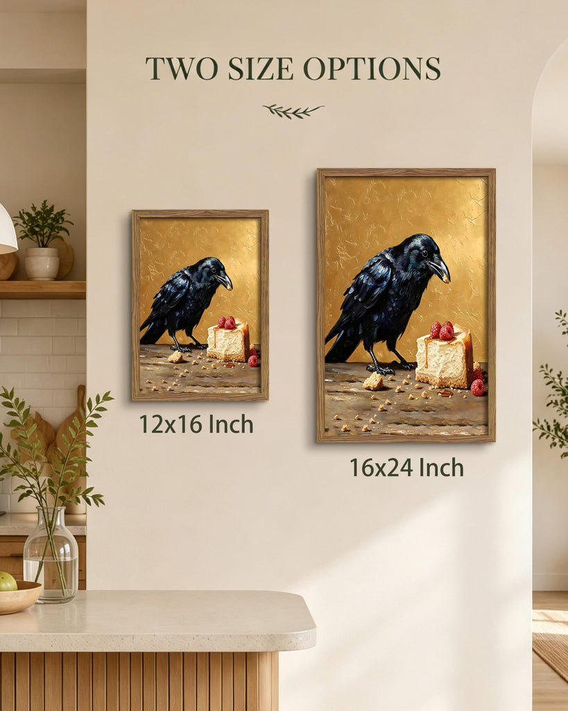 Framed Crow Halloween Wall Art, Funny Raven Wall Decor Painting Picture, Vintage Bird Dessert Canvas Print Poster