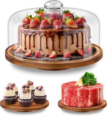 Cake Holder with Lid: 11in Wooden Rotating Cake Stand w/Glass Dome