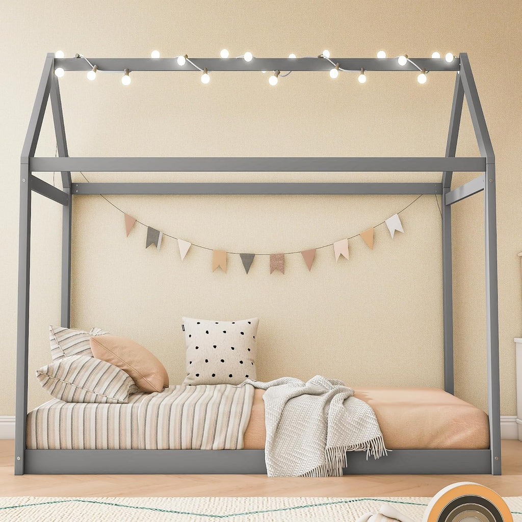 House Bed Frame with LED Light, Solid Wood Montessori Floor Bed with Wood Slats, Low Platform Kids Play