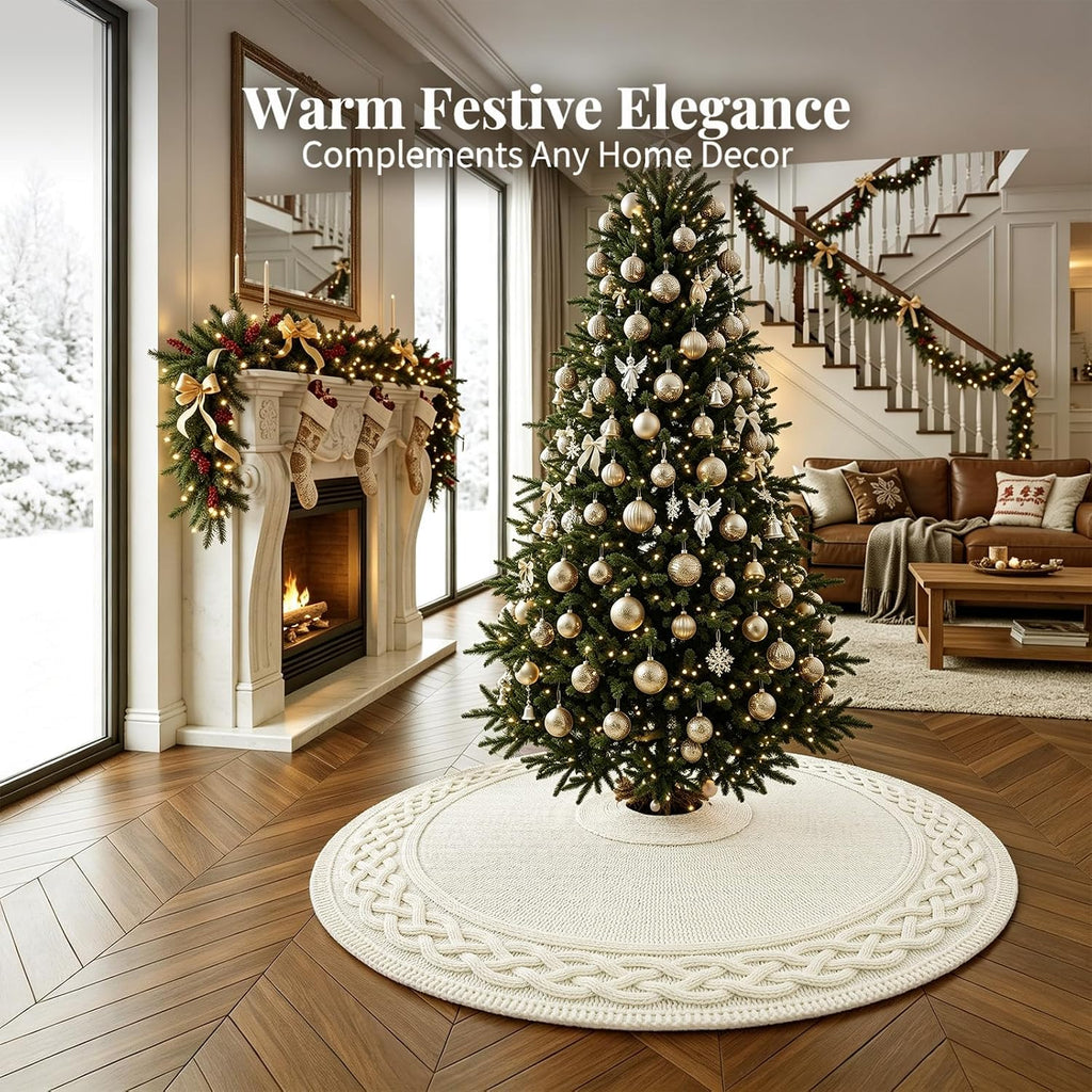 60 Inch Christmas Tree Skirt, Extra Large Chunky Knitted Tree Skirt with Bow Tie Closure, Cream Vintage Tree Skirts