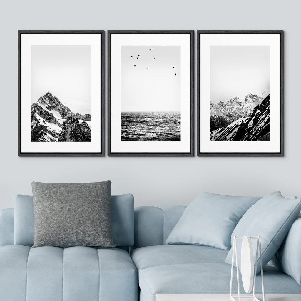 Framed Canvas Print Wall Art Set Black White Snowy Winter Mountain Landscape Nature Wilderness Photography Modern Art