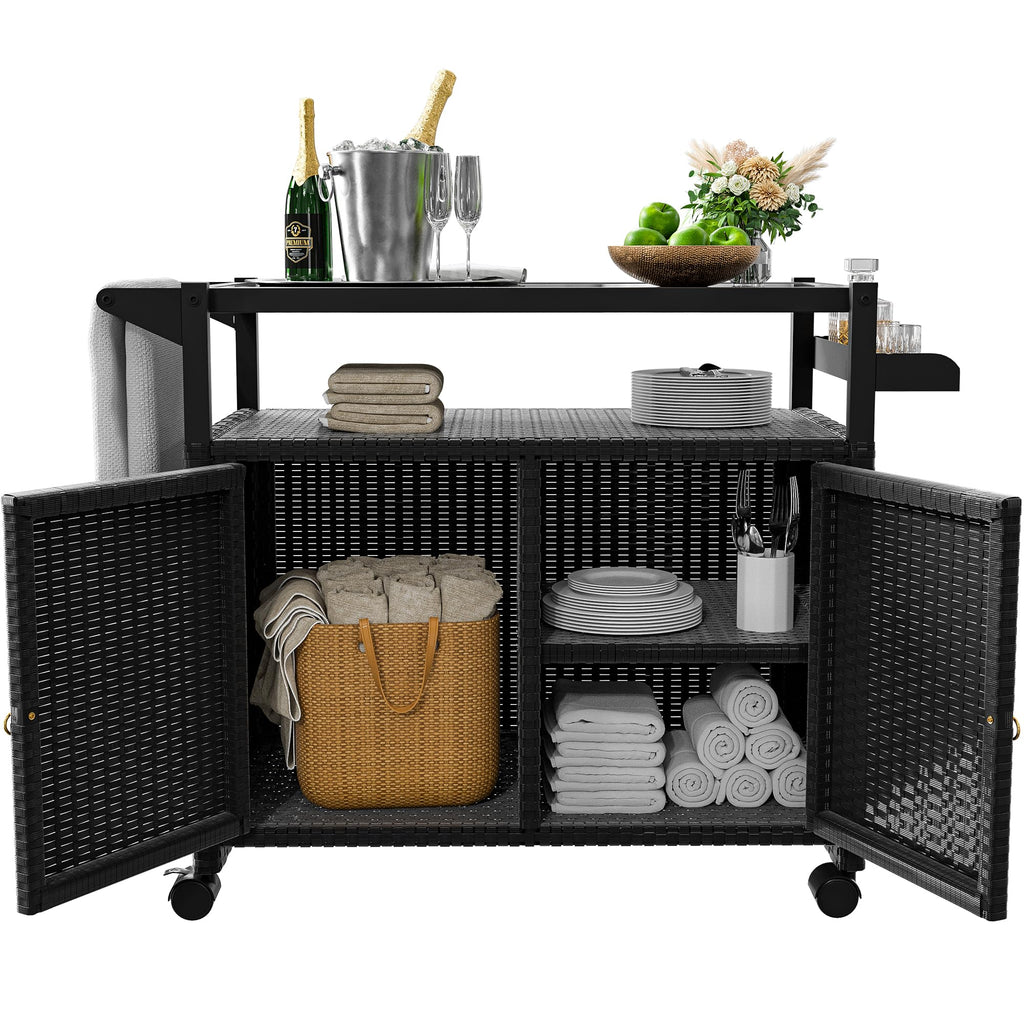 Outdoor Bar Table, Wicker Bar Cart with Cabinet, Patio Serving Cart with Tempered Glass Top, Lockable Wheels, Rounded