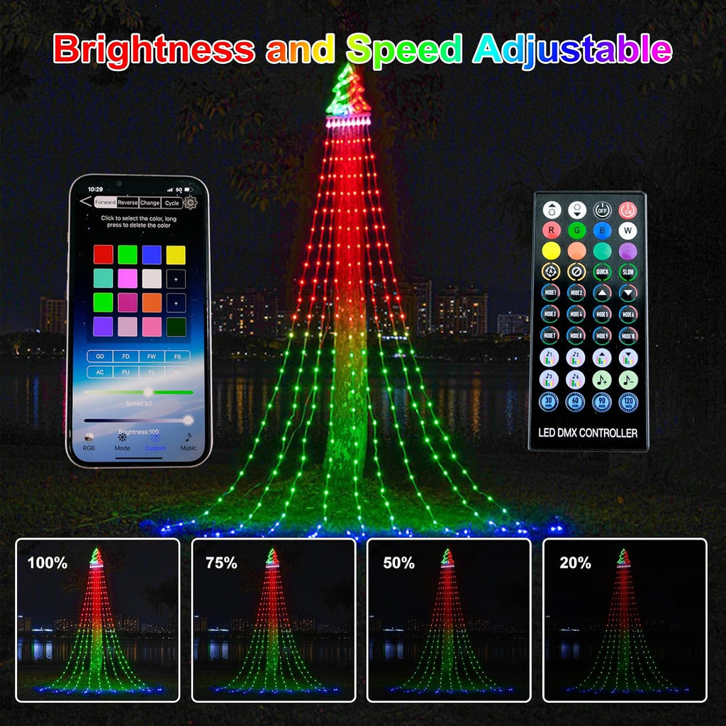 Outdoor Christmas Decorations Tree String Light with Remote APP Control 10FT 305LED Waterfall RGB Color Changing