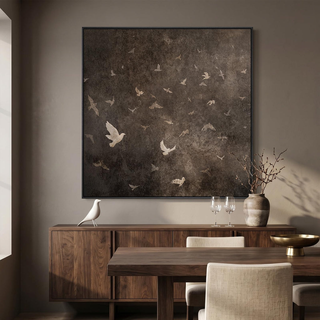 Extra Large Framed Vintage Bird Brown Wall Art, Square