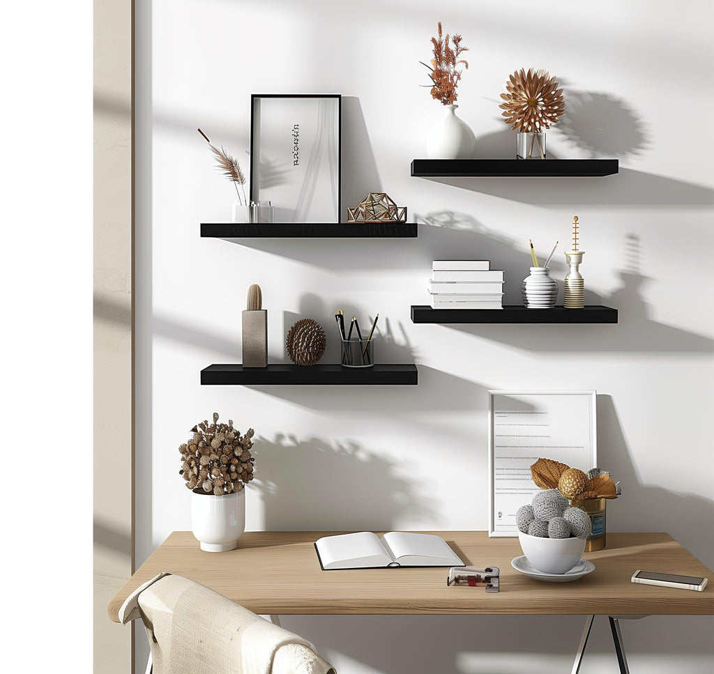 Wood Floating Shelves for Wall, Wooden Wall Shelves, Set of 6 Black 17 Inch