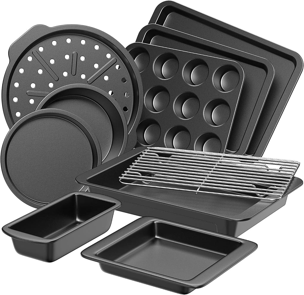 Bakeware Sets, Pans Set, Nonstick Oven Pan with Wider Grips, 10 Pieces Including Rack, Cookie Sheet, Cake Pans, Loaf