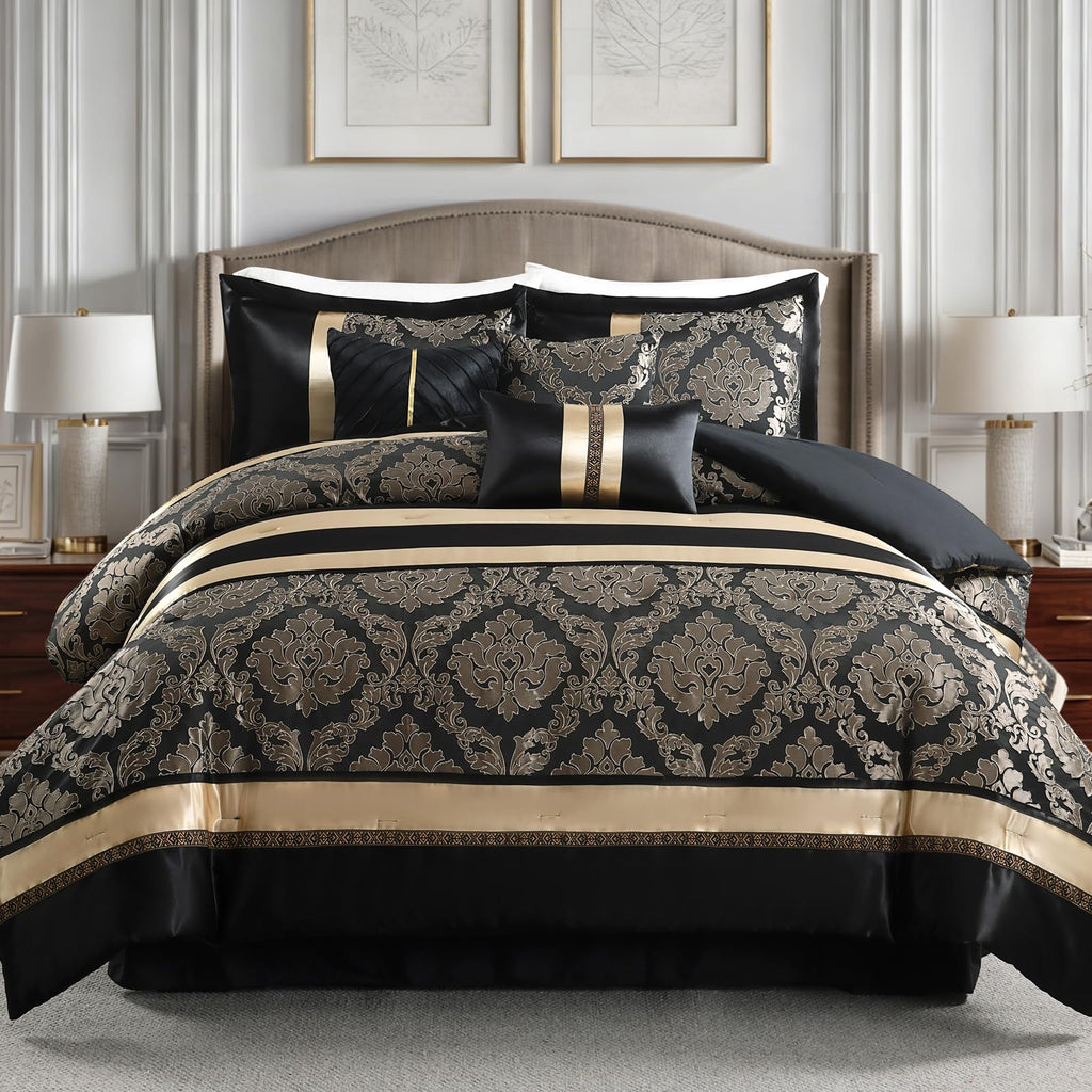 Black Gold Comforter Set, 7 Piece Luxury Damask Bed in a Bag