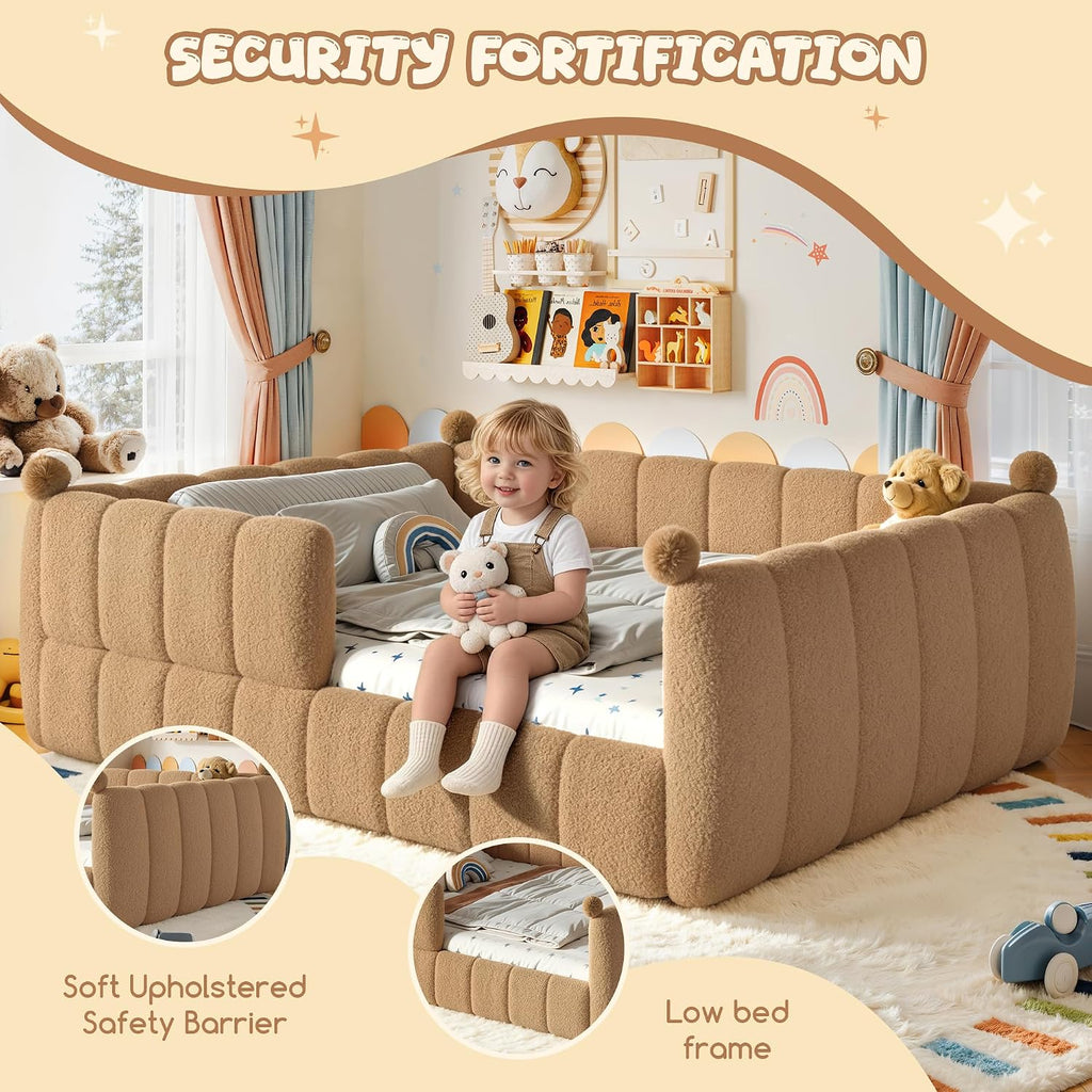 Queen Size Teddy Fleece Upholstered Montessori Floor Bed with Fence,Low Profile Kids Bed Frame with Full Padded