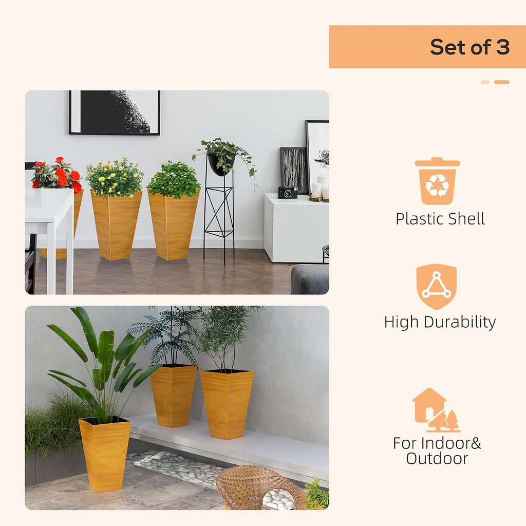 Outdoor Planters,Set of 3 Taper Planters with Drainage Holes and Plug,Faux Wood Flower Pots for