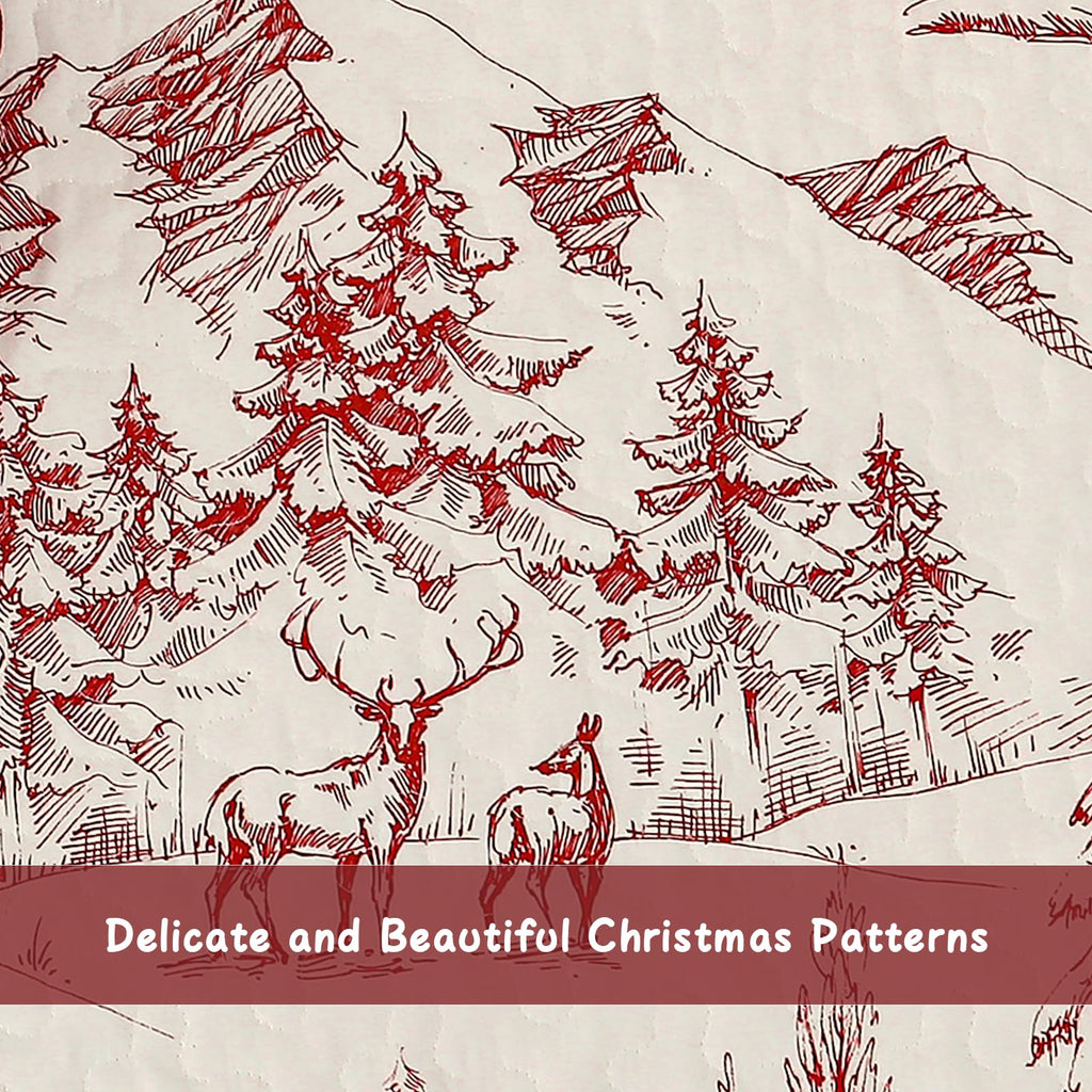 Christmas Quilt Set King Size, Xmas Red Cottage Tree Bedding