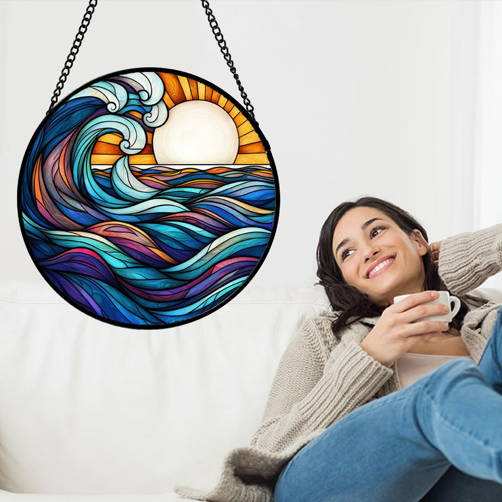 Sunset Ocean Waves Stained Glass Window Hanging Suncatcher Gifts 15"
