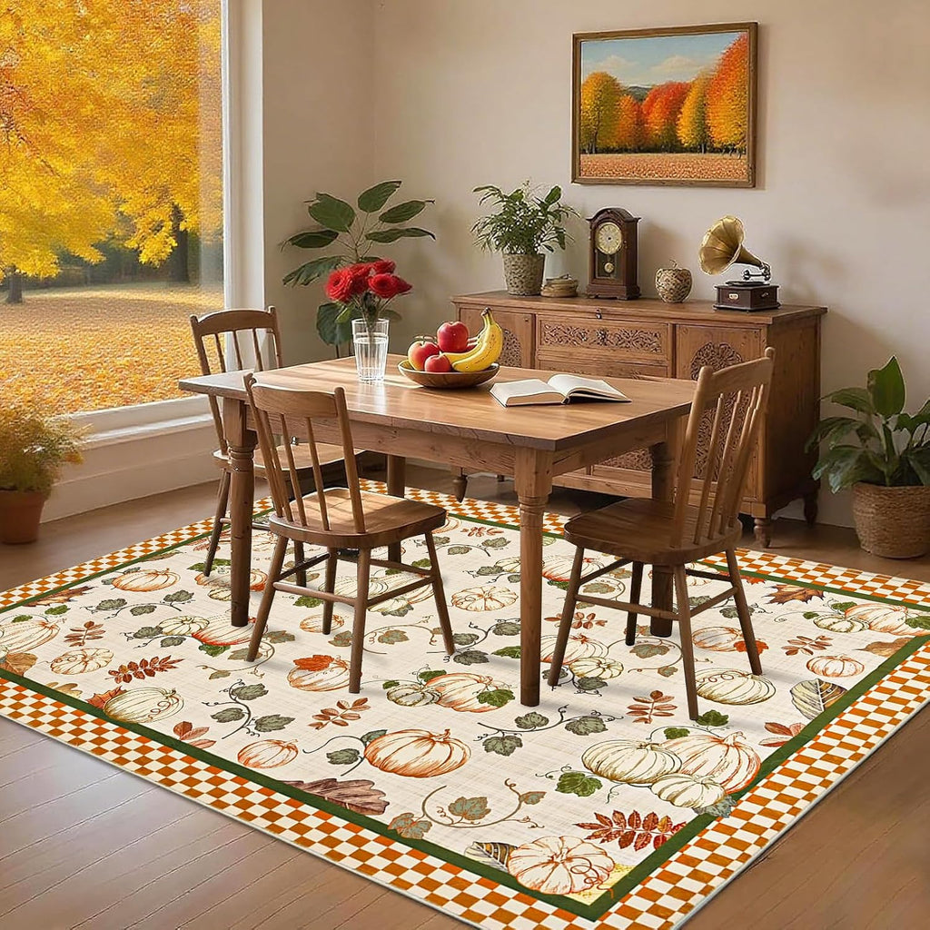 Fall Area Rugs Thanksgiving Washable Rug Non Slip, Pumpk Rug Low Pile Floor Carpet with Checkered Edge