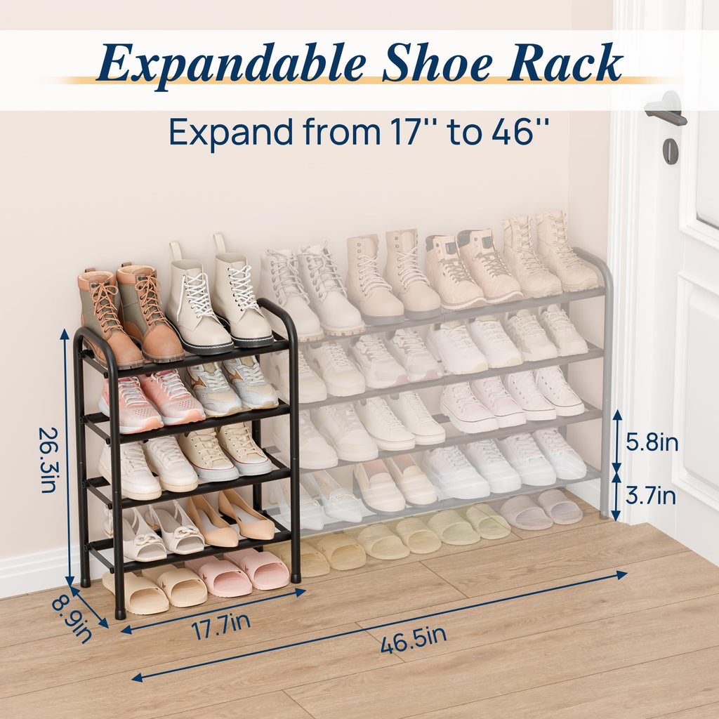 4 Tier Expandable Shoe Rack, Metal Small Shoes Shelf, Black
