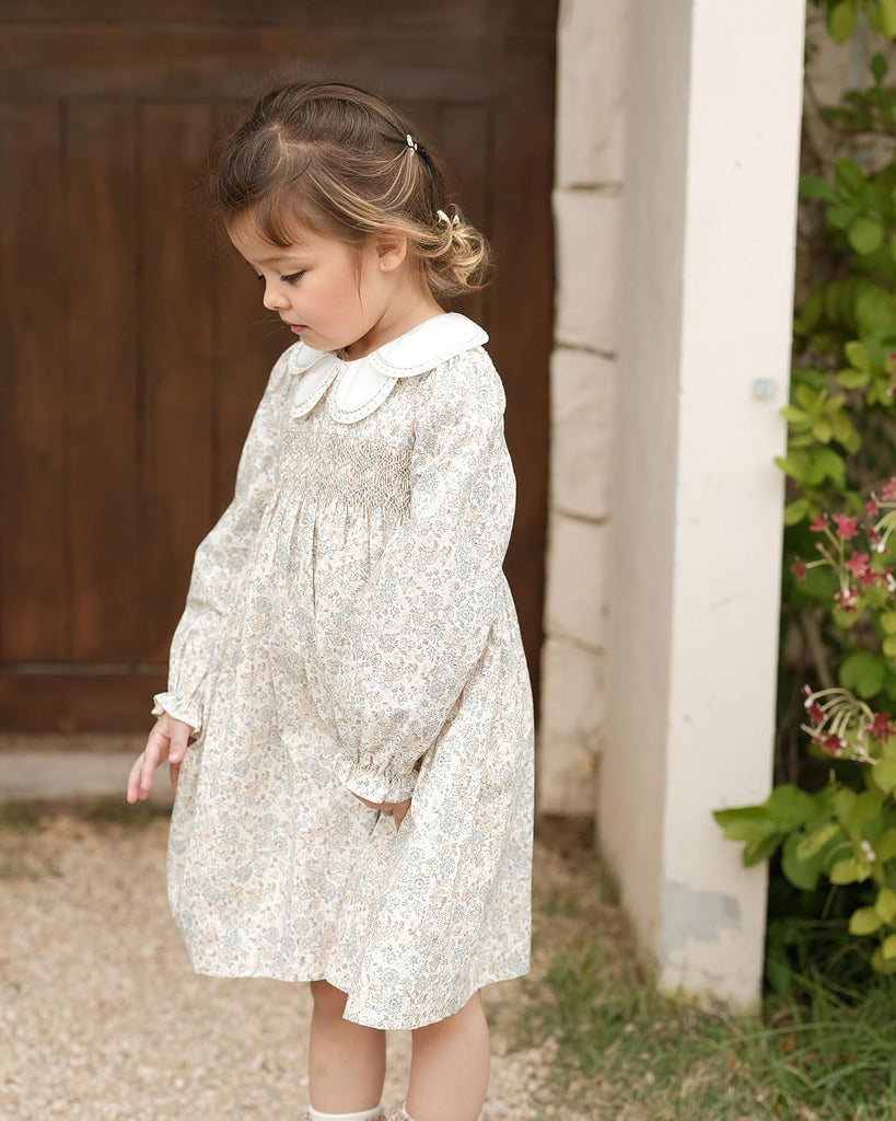 Toddler Baby Girl Smocked Dresses with Flower Collar|Floral Print Long Sleeve Ruffle Dress with Belt