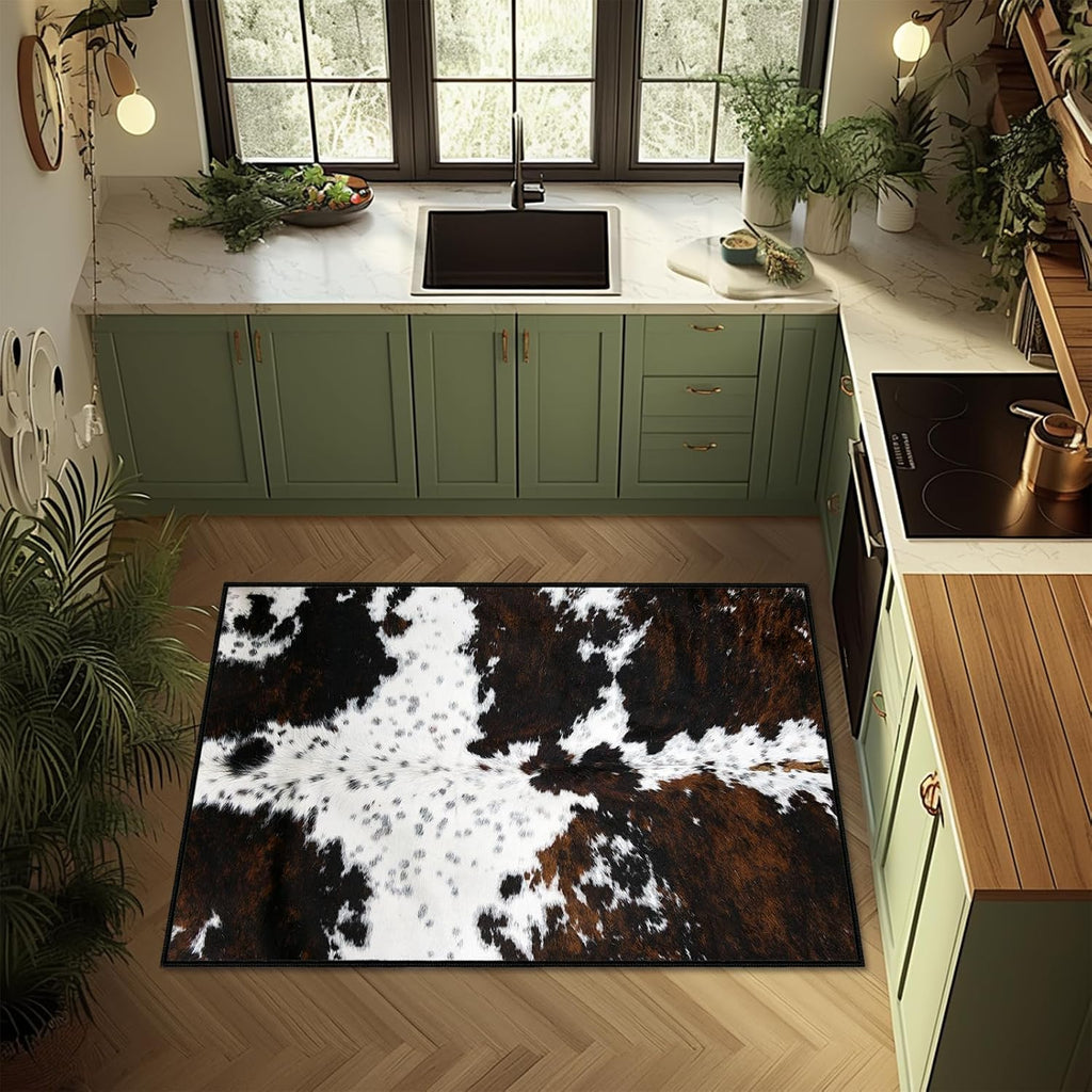 Cowhide Area Rug Western Rug Ultra-Thin Washable Throw Carpet Brown Cow Print Rugs Indoor Vintage Rugs Non Slip