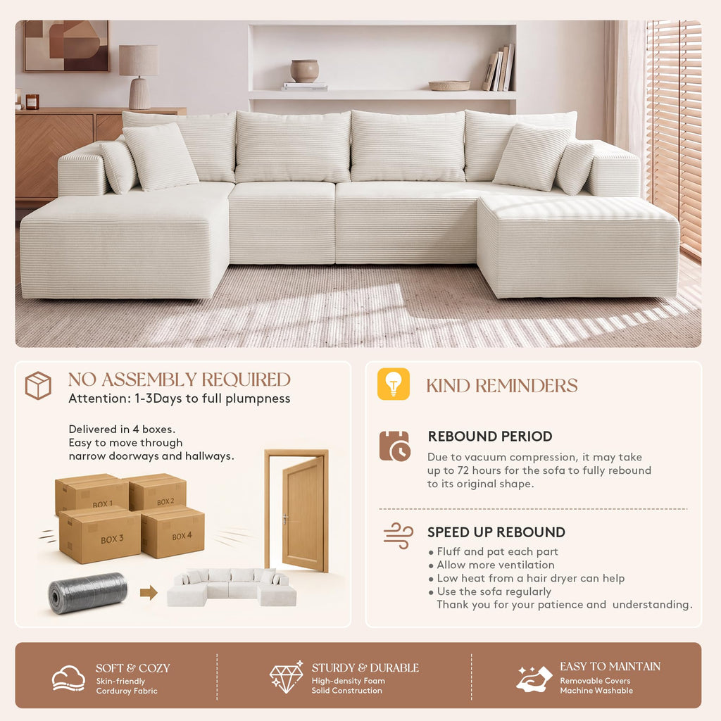 130" Cloud Sectional Boneless Couches, Modular U Shaped Couch with Deep Seat, Removable Ottoman, Memory Foam
