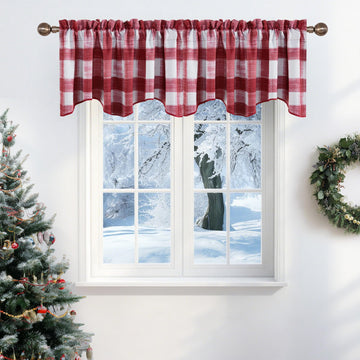 Red Christmas Plaid Valances for Windows, Rod Pocket Xmas Small Kitchen Valances Short Topper Curtains Decor, 1