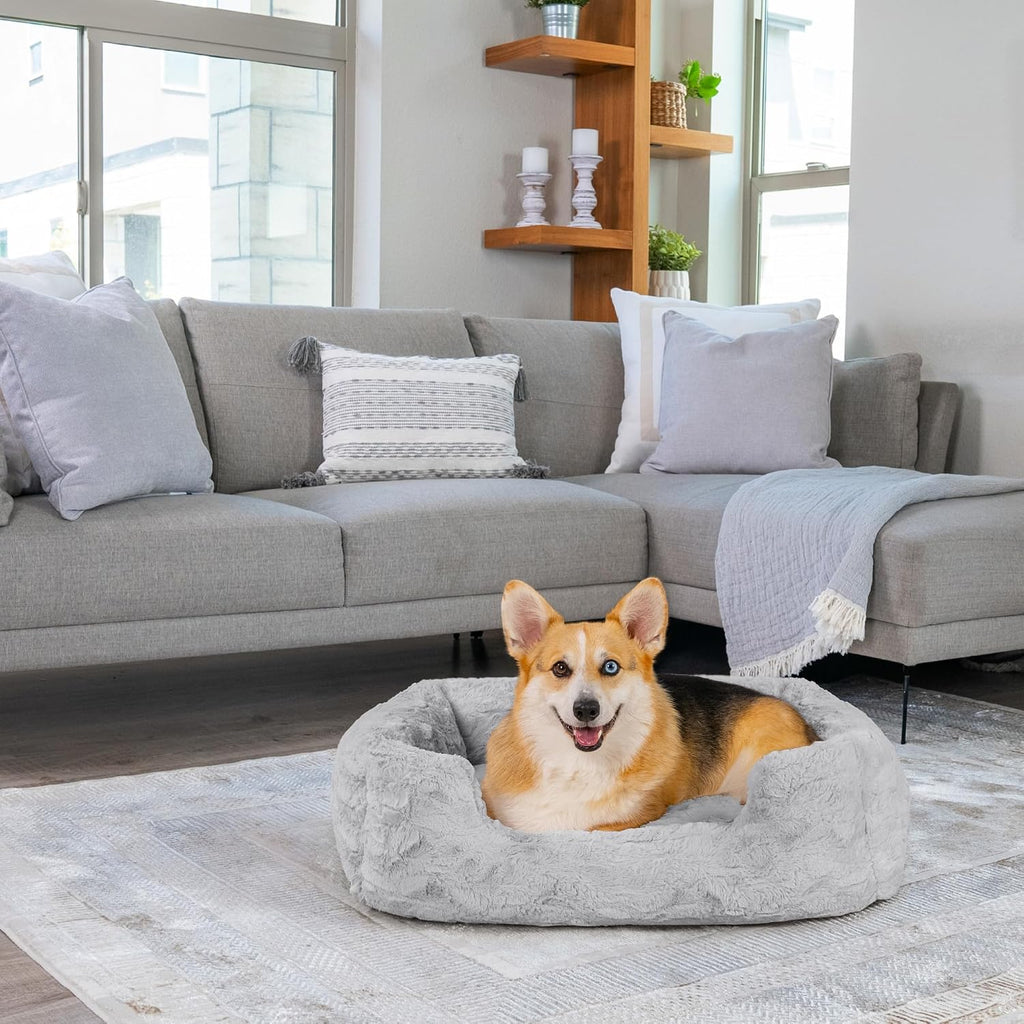 Lounge Dog Bed, Lux Faux Fur, Gray