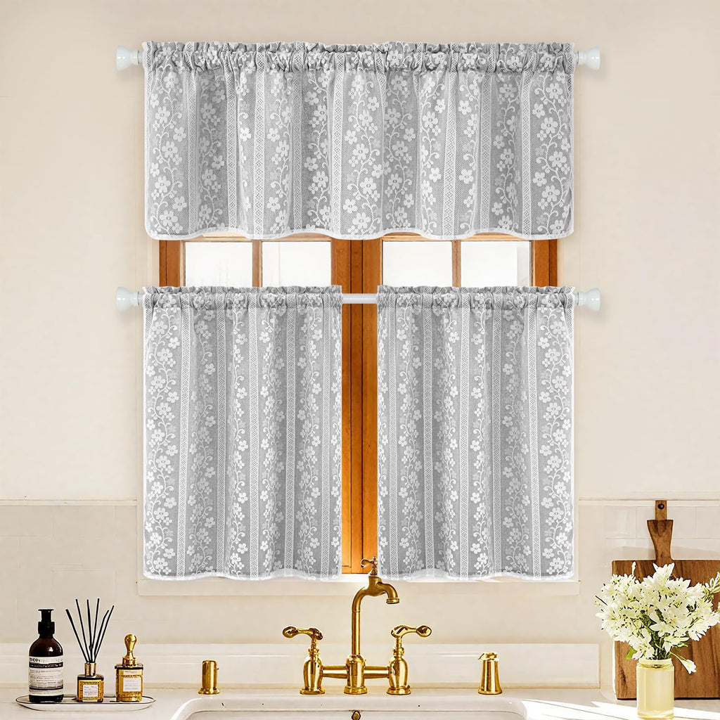 Linen Farmhouse Kitchen Curtains, Double Layered Valances for Windows with Linen and Lace, Rustic Curtains Window