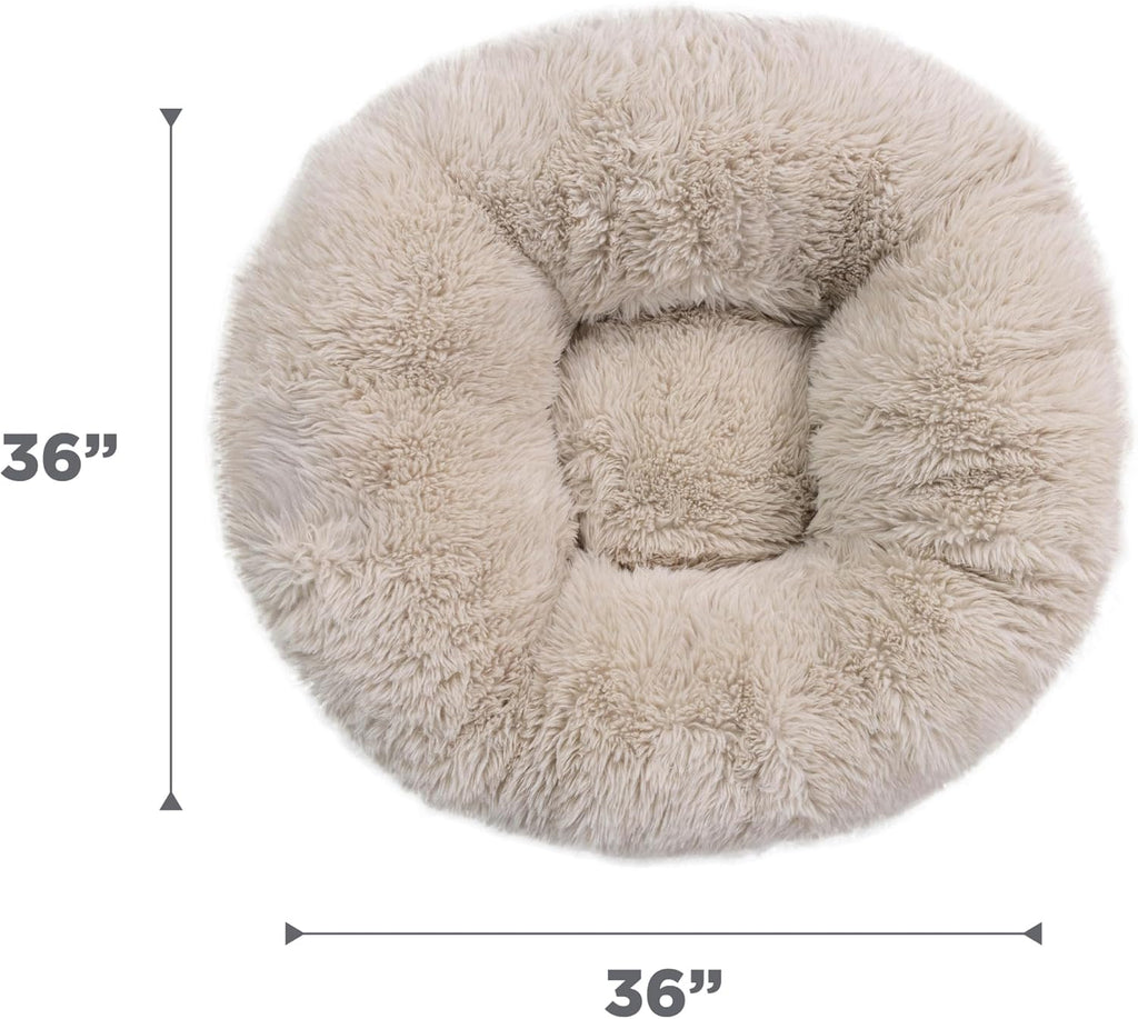 Ultra Calming Pouf Bed, Orthopedic Round Dog Bed for Joint Support, Faux Fur, Washable Cover, Tan, Large