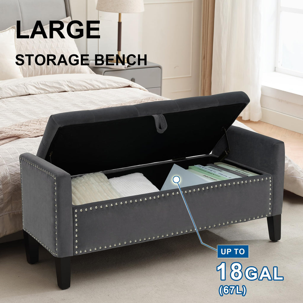 46" Storage Ottoman Bench, Velvet Footstool, Dark Grey
