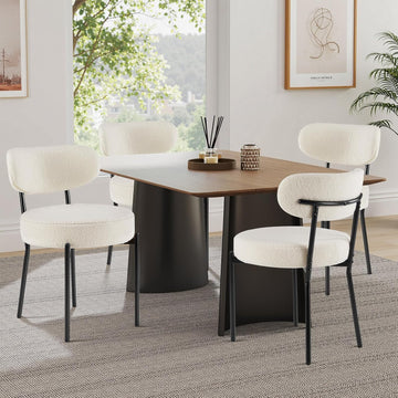 Dining Chairs Set of 4, Boucle Upholstered Modern Mid Century Round Kitchen Chairs with Curved Backrest & Metal Legs