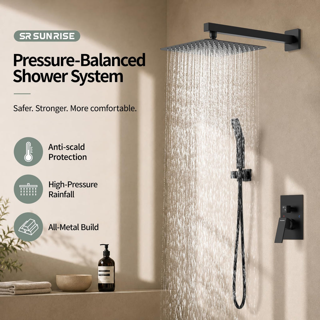 Shower Faucet Set 10-Inch Rainfall Shower Head Matte Black